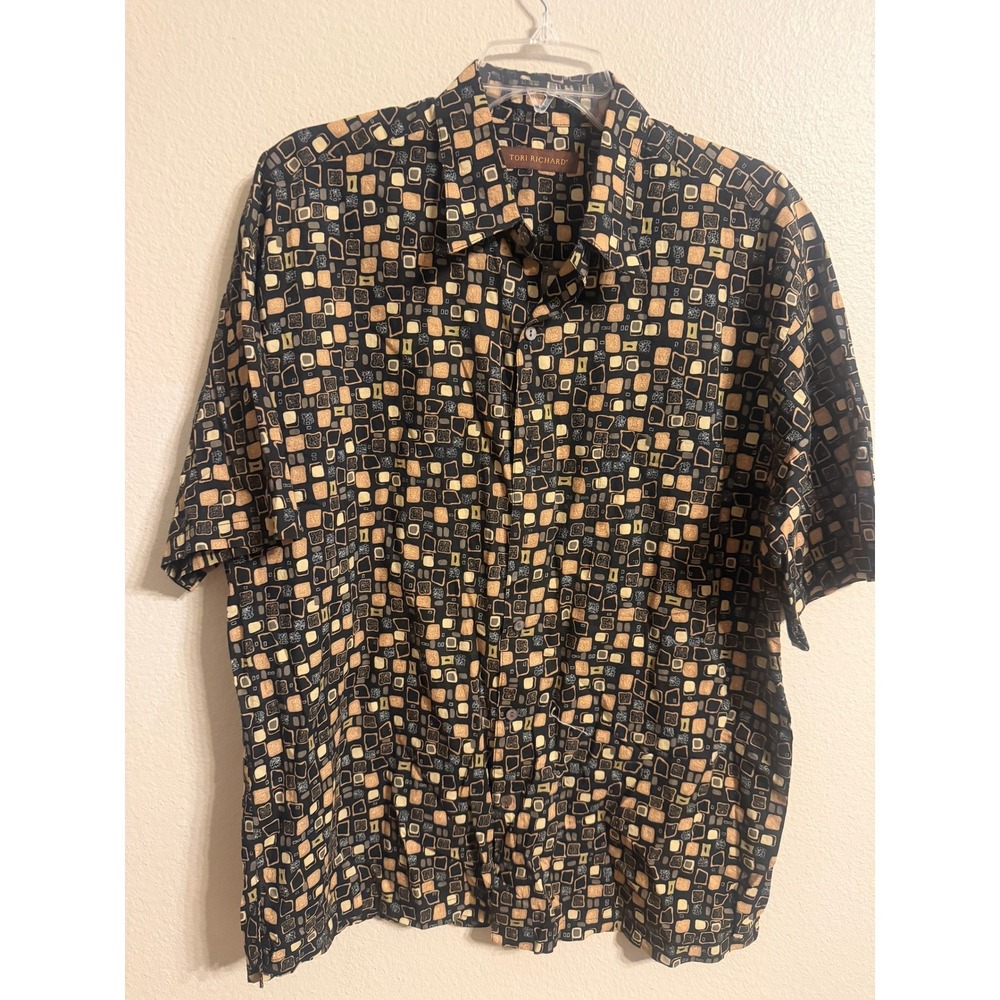Tori Richard Shirt Mens Large Black Tan Geometric Cotton Lawn Excellent S/S